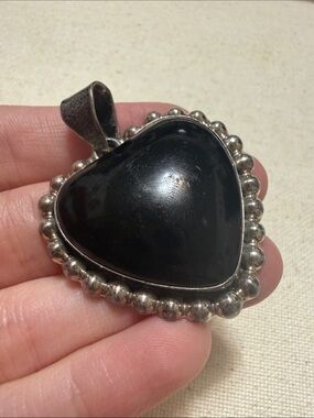 Sterling Silver 925 Mexico Heart-Shaped Black Onyx Pendant Necklace